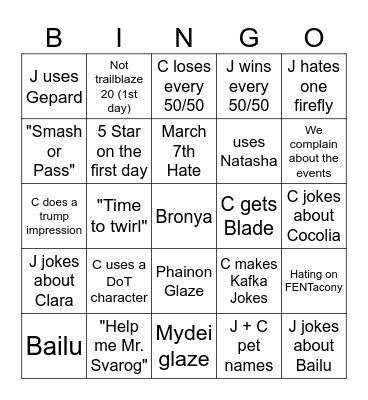 HSR Month Challenge Bingo Card