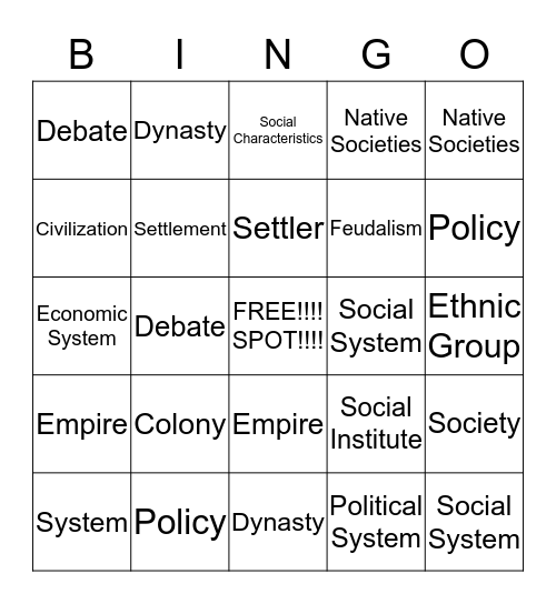 HISTORY BINGO!!!! Bingo Card