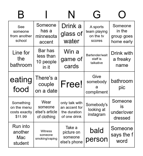 Bar hop bingo Card