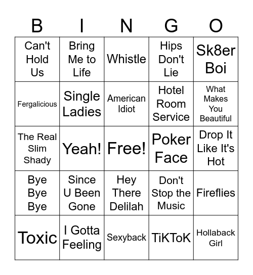 2000's Song Bingo Card