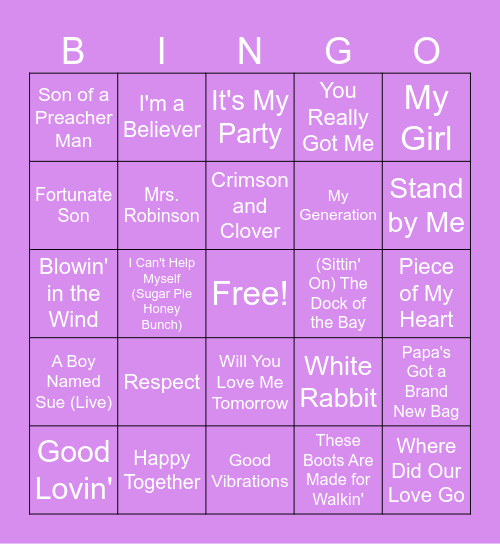 60's Hits Bingo Card