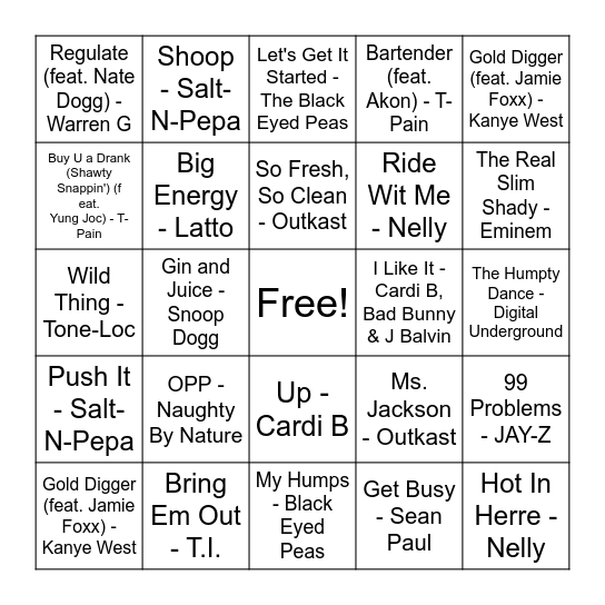 Hip Hop Hits Bingo Card