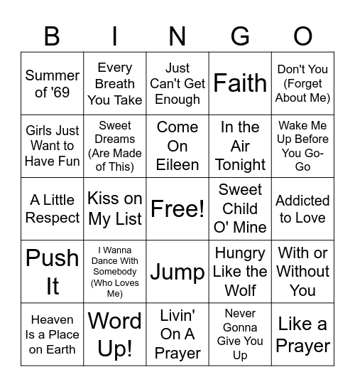 80's Anthems Bingo Card