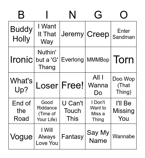 The Grunge and Glory '90s Bingo Card
