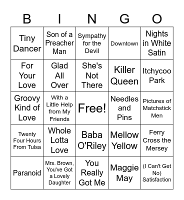 The British Invasion Bingo Card