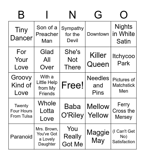The British Invasion Bingo Card