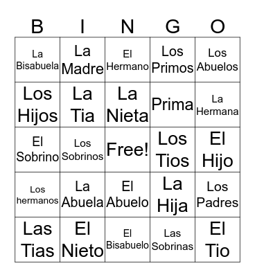 Family Members Bingo Card