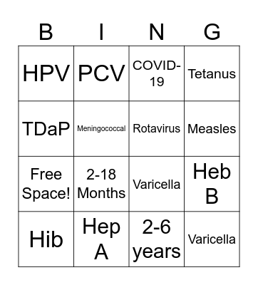 IMMUNIZATIONS!! Bingo Card