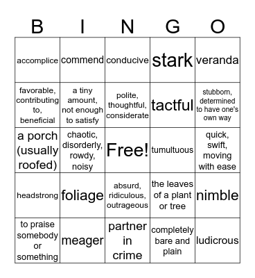 Vocabulary Bingo Card