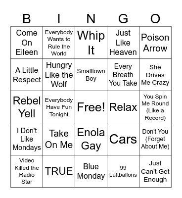 80's Synthpop Bingo Card