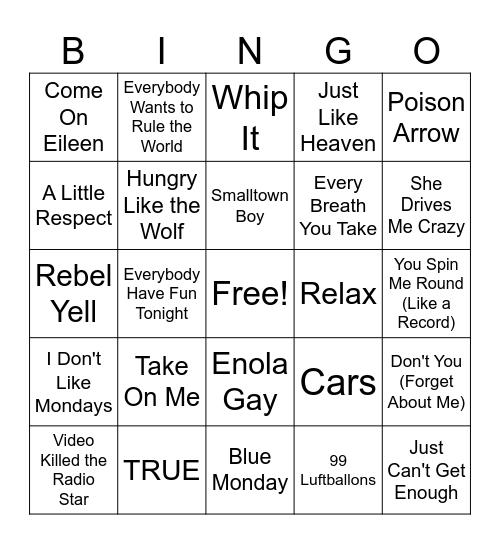 80's Synthpop Bingo Card