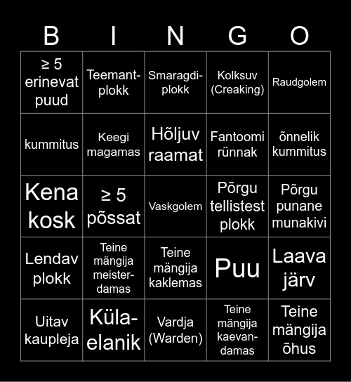 Minecraft Fotojaht Bingo Card