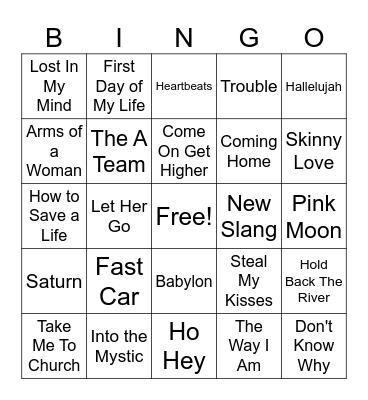 Coffeehouse Acoustic Bingo Card
