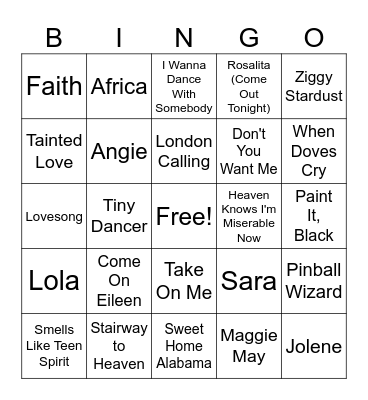 Names in Songs Bingo Card