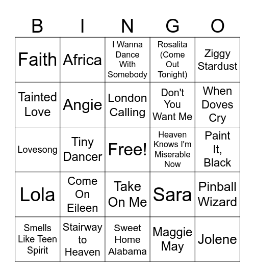 Names in Songs Bingo Card