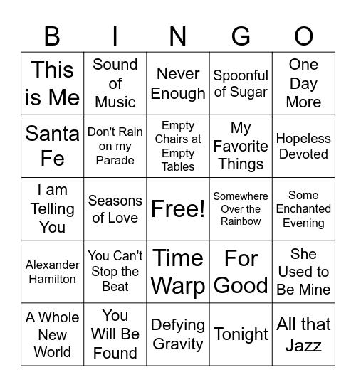 Musical Theater Bingo Card