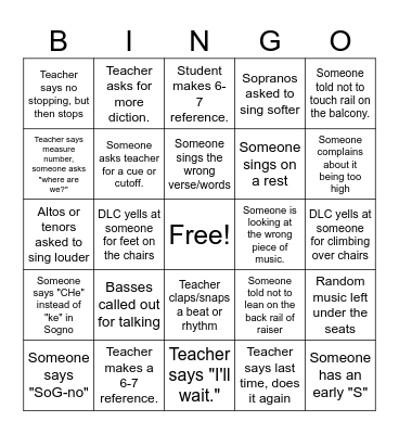 Home for the Holidays Rehearsal Bingo Card