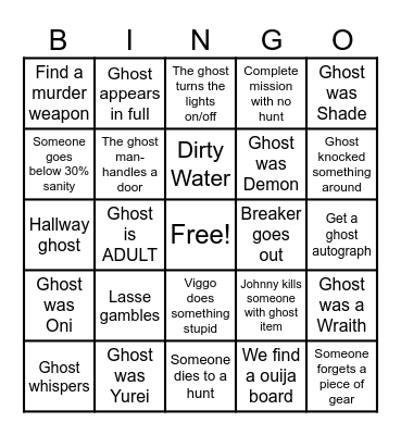PhasmoPHOBIA Bingo Card