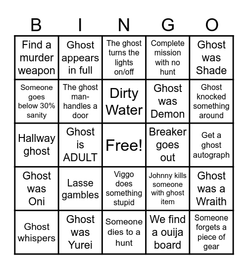 PhasmoPHOBIA Bingo Card