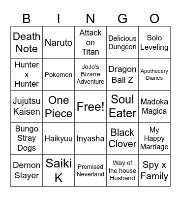 Anime Bingo Card