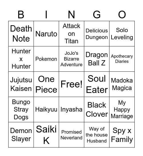 Anime Bingo Card