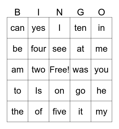 Sight Word Bingo Card