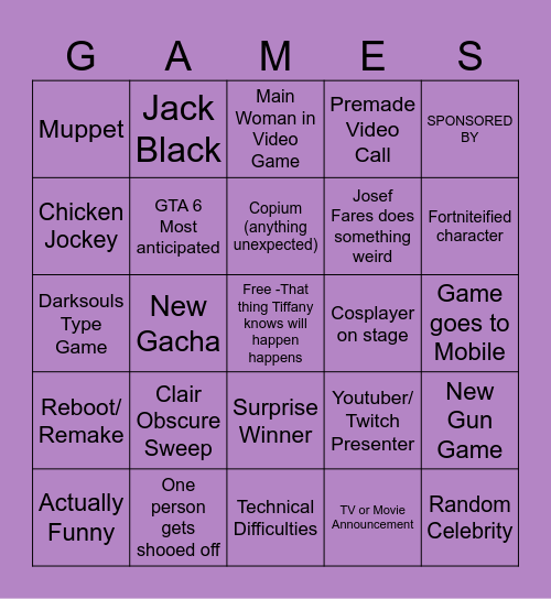 Game Awards 2025 Bingo Card