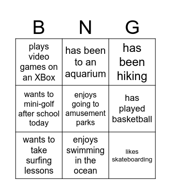 Find Someone Who...Leisure Activity Edition Bingo Card