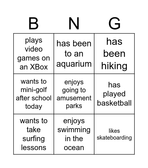 Find Someone Who...Leisure Activity Edition Bingo Card