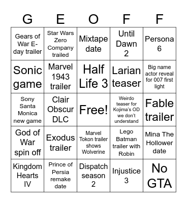 Game Awards 2025 Bingo Card