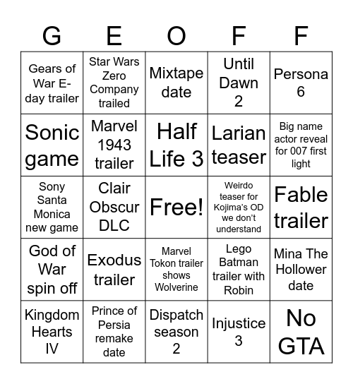 Game Awards 2025 Bingo Card