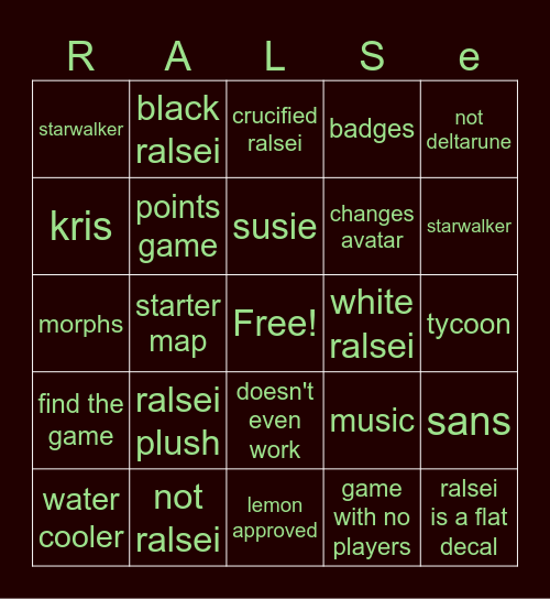 ralsei Roblox game google doc bingo Card