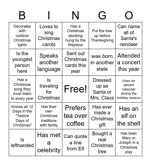 Jingle and Mingle Bingo Card