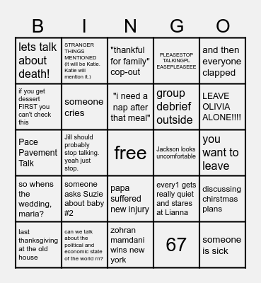 Pace Family Thanksgiving Bingo Card