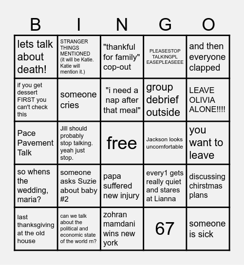 Pace Family Thanksgiving Bingo Card
