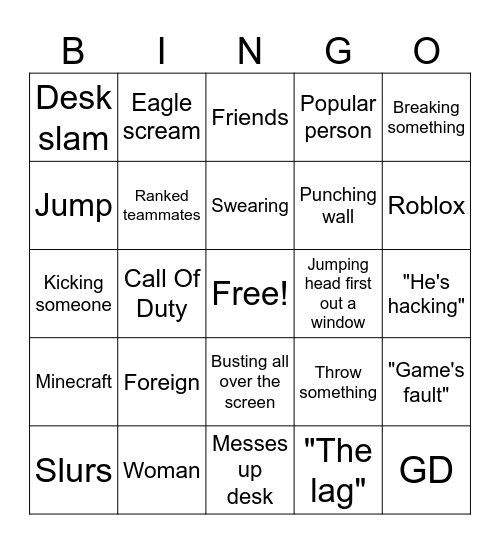 Gamer Rage Bingo Card