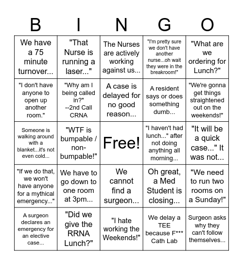 Saturday CRNA Bingo Card