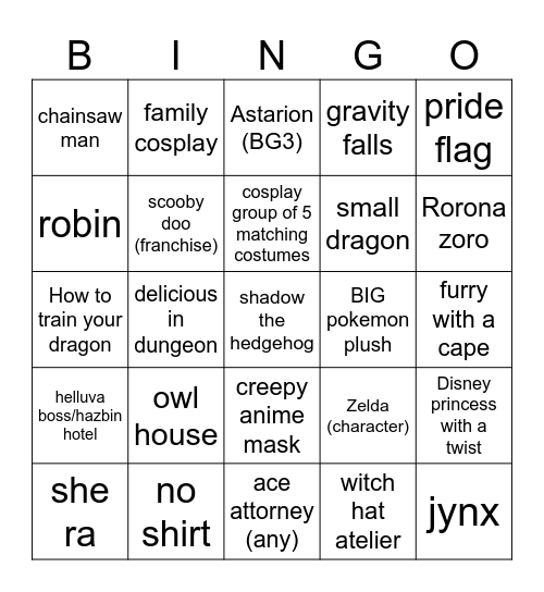 DCC Cosplays 2025 Bingo Card