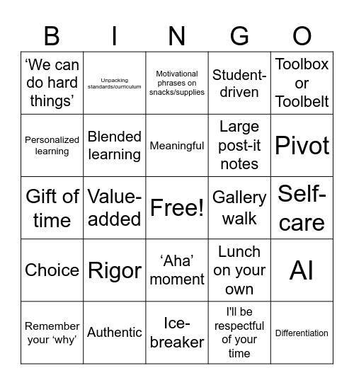 Teacher PD Bingo Card