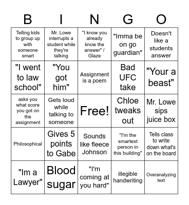 Mr Lowes class Bingo Card