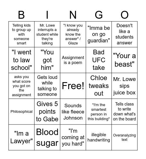 Mr Lowes class Bingo Card