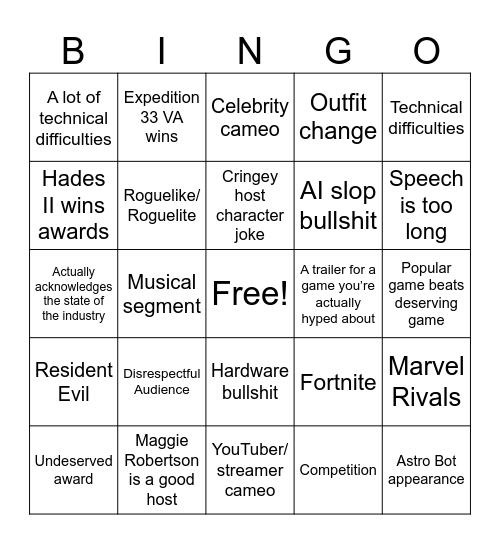 Golden Joysticks Bingo Card