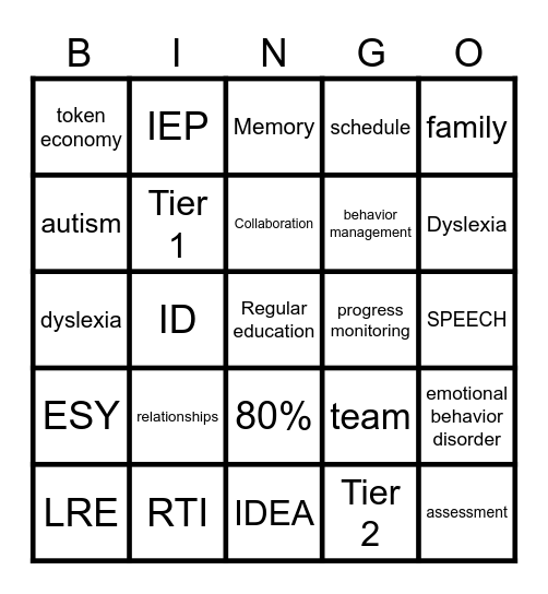 Special Education Bingo Card