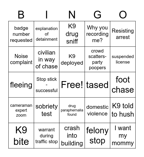 On Patrol Live Bingo Card