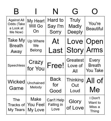 Slow Dance Ballads Bingo Card