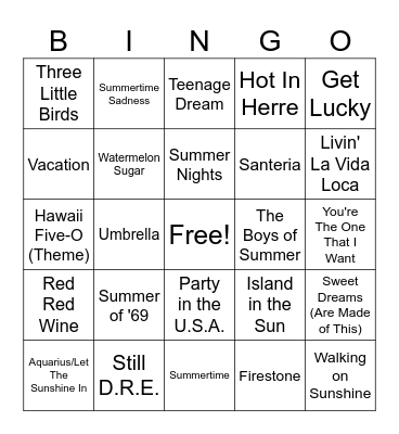 Summer Vacation Hits Bingo Card