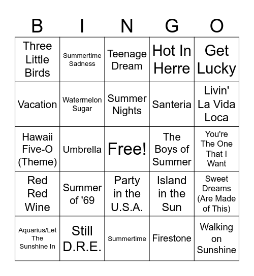 Summer Vacation Hits Bingo Card