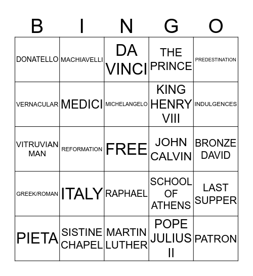 Renaissance Bingo Card