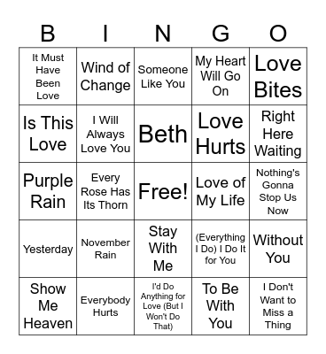 Power Ballads Bingo Card