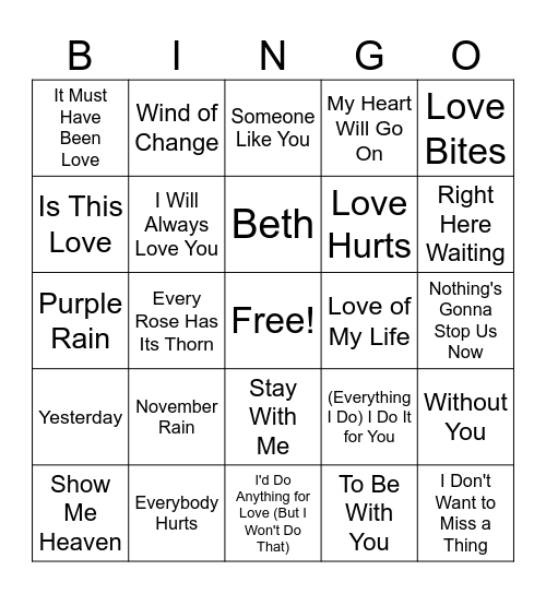 Power Ballads Bingo Card